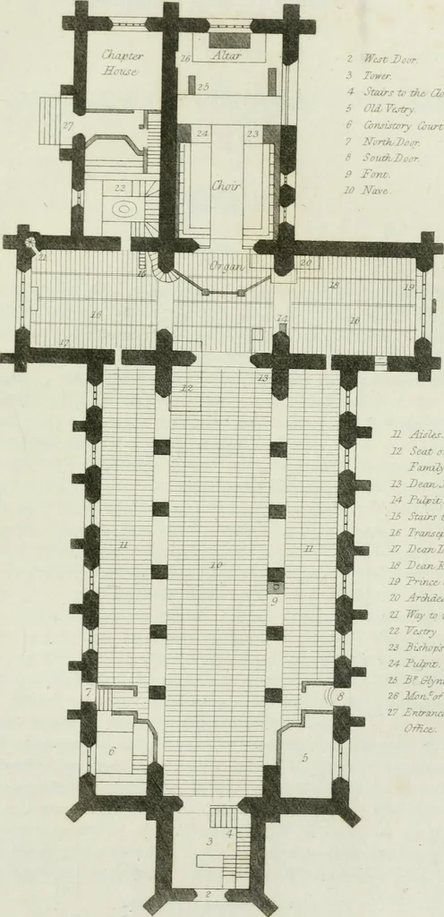 An illustration from History and antiquities of the cathedral churches of Great Britain : illustrated with a series of highly-finished engravings, exhibiting general and particular views, ground plans, and all the architectural features and ornaments in the various styles of building used in our ecclesiastical edifices, 1814, leaf 112