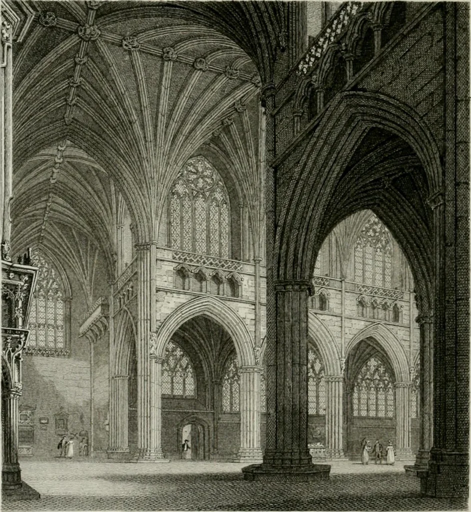 An illustration from History and antiquities of the cathedral churches of Great Britain : illustrated with a series of highly-finished engravings, exhibiting general and particular views, ground plans, and all the architectural features and ornaments in the various styles of building used in our ecclesiastical edifices, 1814, leaf 169