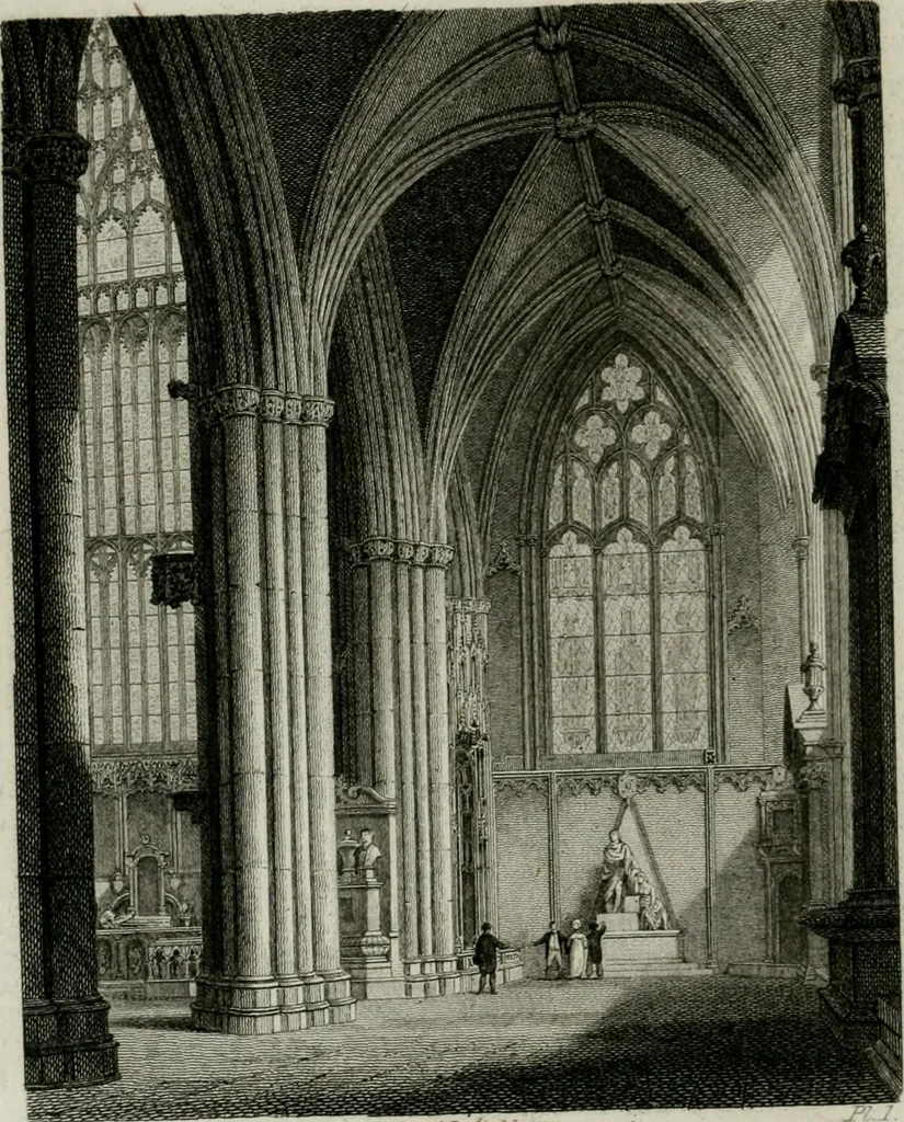 An illustration from History and antiquities of the cathedral churches of Great Britain : illustrated with a series of highly-finished engravings, exhibiting general and particular views, ground plans, and all the architectural features and ornaments in the various styles of building used in our ecclesiastical edifices, 1814, leaf 199