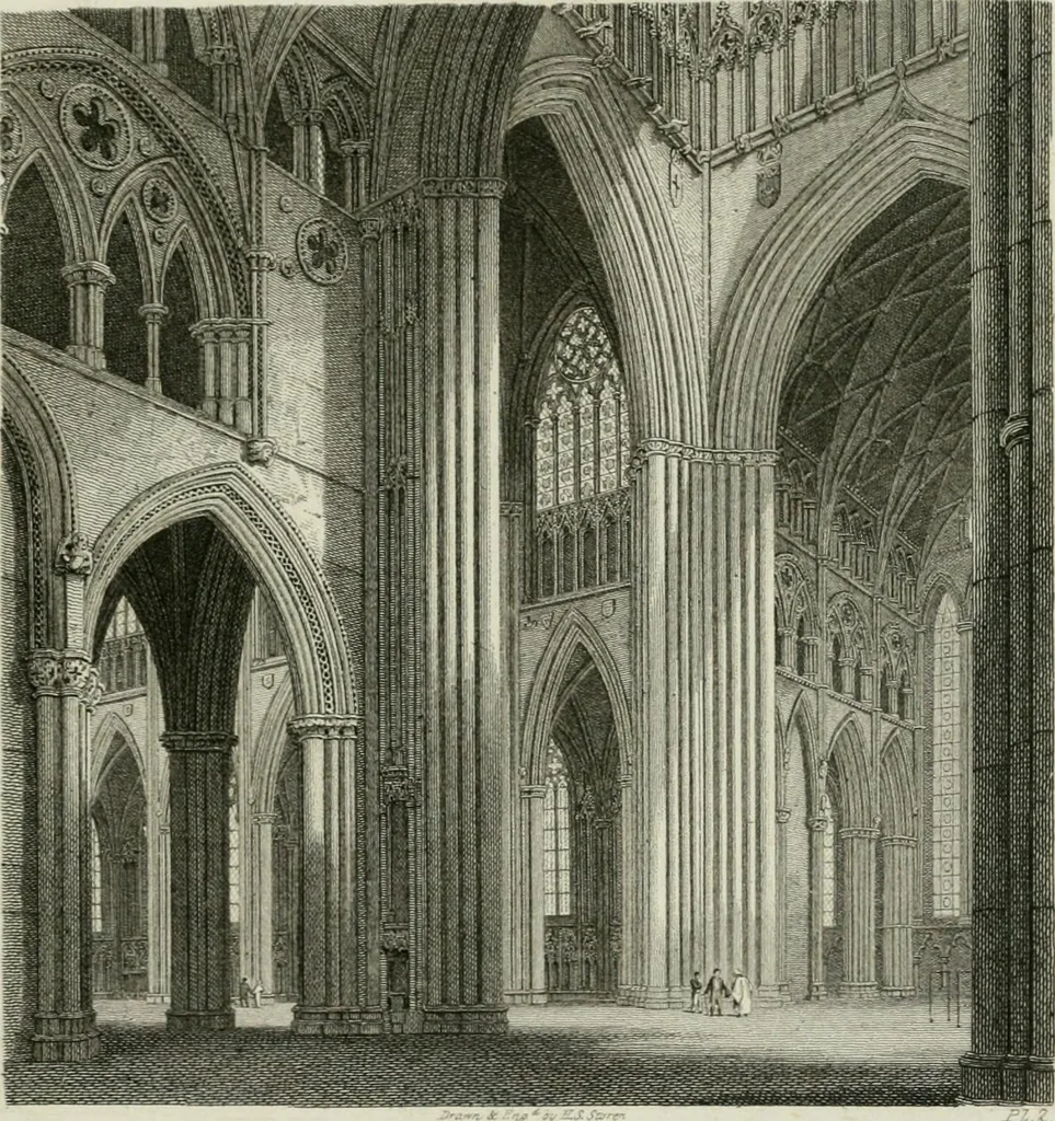 An illustration from History and antiquities of the cathedral churches of Great Britain : illustrated with a series of highly-finished engravings, exhibiting general and particular views, ground plans, and all the architectural features and ornaments in the various styles of building used in our ecclesiastical edifices, 1814, leaf 200