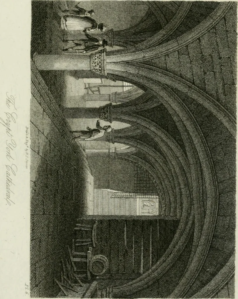 An illustration from History and antiquities of the cathedral churches of Great Britain : illustrated with a series of highly-finished engravings, exhibiting general and particular views, ground plans, and all the architectural features and ornaments in the various styles of building used in our ecclesiastical edifices, 1814, leaf 208