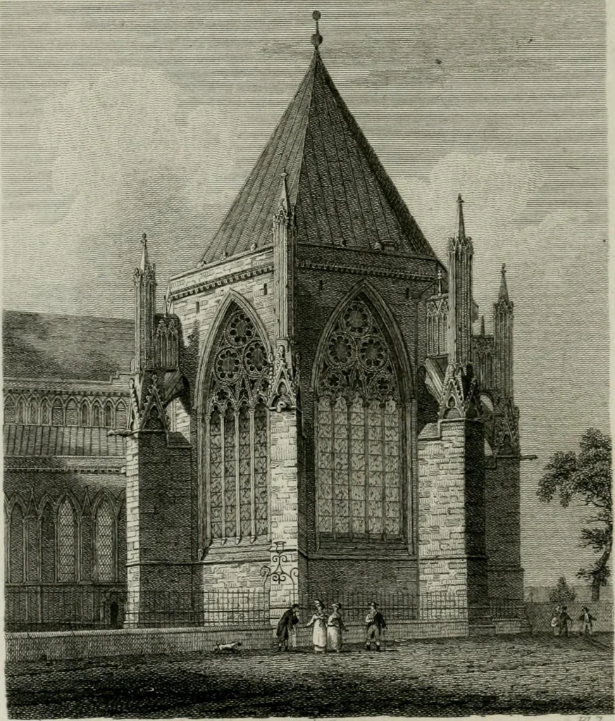 An illustration from History and antiquities of the cathedral churches of Great Britain : illustrated with a series of highly-finished engravings, exhibiting general and particular views, ground plans, and all the architectural features and ornaments in the various styles of building used in our ecclesiastical edifices, 1814, leaf 211