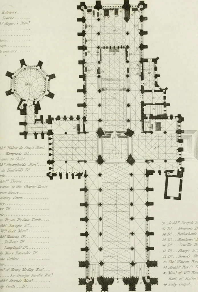 An illustration from History and antiquities of the cathedral churches of Great Britain : illustrated with a series of highly-finished engravings, exhibiting general and particular views, ground plans, and all the architectural features and ornaments in the various styles of building used in our ecclesiastical edifices, 1814, leaf 214