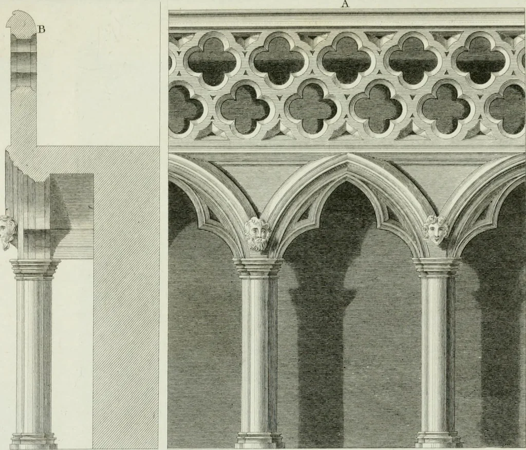 An illustration from History and antiquities of the cathedral churches of Great Britain : illustrated with a series of highly-finished engravings, exhibiting general and particular views, ground plans, and all the architectural features and ornaments in the various styles of building used in our ecclesiastical edifices, 1814, leaf 322
