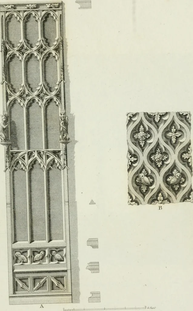 An illustration from History and antiquities of the cathedral churches of Great Britain : illustrated with a series of highly-finished engravings, exhibiting general and particular views, ground plans, and all the architectural features and ornaments in the various styles of building used in our ecclesiastical edifices, 1814, leaf 340