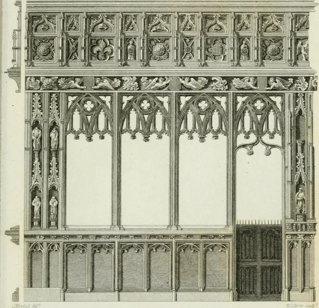 An illustration from History and antiquities of the cathedral churches of Great Britain : illustrated with a series of highly-finished engravings, exhibiting general and particular views, ground plans, and all the architectural features and ornaments in the various styles of building used in our ecclesiastical edifices, 1814, leaf 342