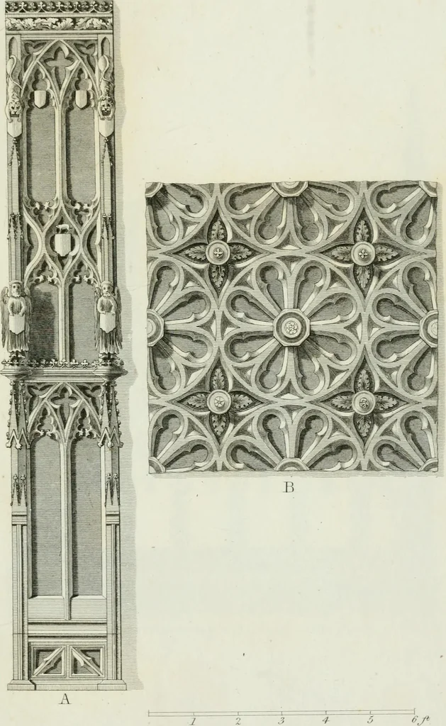 An illustration from History and antiquities of the cathedral churches of Great Britain : illustrated with a series of highly-finished engravings, exhibiting general and particular views, ground plans, and all the architectural features and ornaments in the various styles of building used in our ecclesiastical edifices, 1814, leaf 344