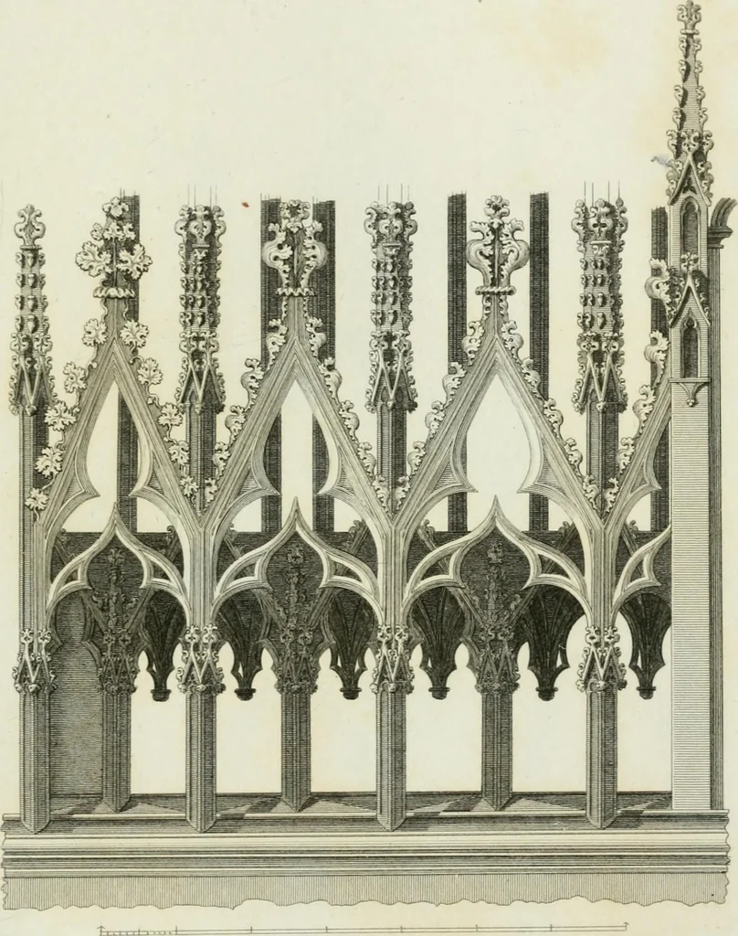 An illustration from History and antiquities of the cathedral churches of Great Britain : illustrated with a series of highly-finished engravings, exhibiting general and particular views, ground plans, and all the architectural features and ornaments in the various styles of building used in our ecclesiastical edifices, 1814, leaf 346