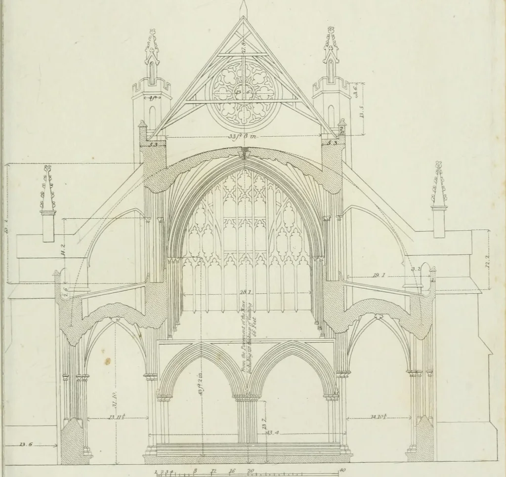 An illustration from History and antiquities of the cathedral churches of Great Britain : illustrated with a series of highly-finished engravings, exhibiting general and particular views, ground plans, and all the architectural features and ornaments in the various styles of building used in our ecclesiastical edifices, 1814, leaf 348