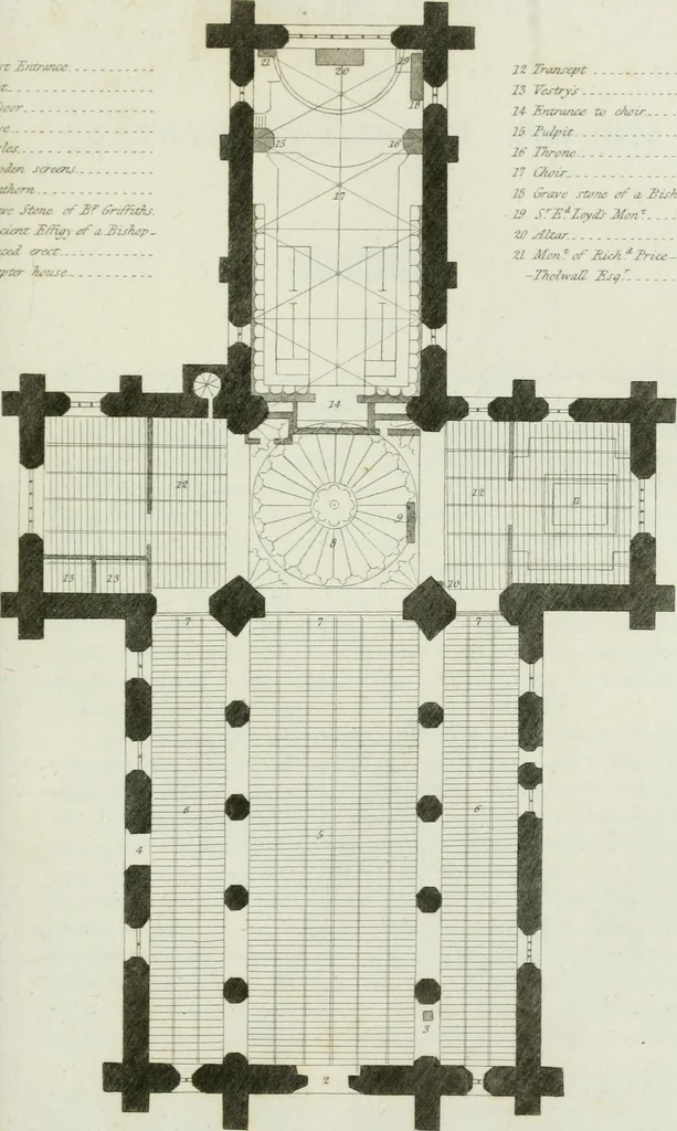 An illustration from History and antiquities of the cathedral churches of Great Britain : illustrated with a series of highly-finished engravings, exhibiting general and particular views, ground plans, and all the architectural features and ornaments in the various styles of building used in our ecclesiastical edifices, 1814, leaf 44