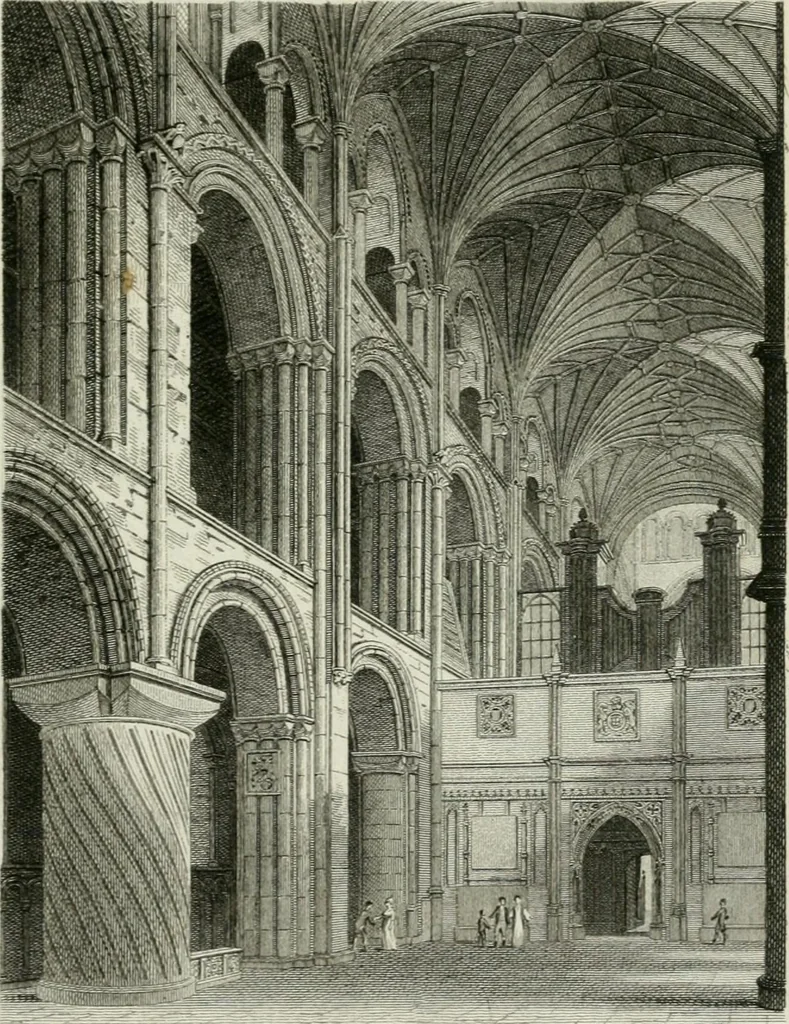 An illustration from History and antiquities of the cathedral churches of Great Britain : illustrated with a series of highly-finished engravings, exhibiting general and particular views, ground plans, and all the architectural features and ornaments in the various styles of building used in our ecclesiastical edifices, 1814, leaf 68