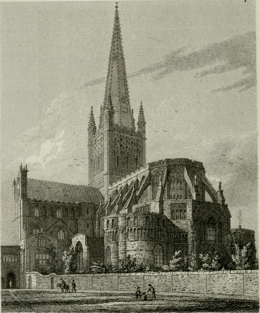 An illustration from History and antiquities of the cathedral churches of Great Britain : illustrated with a series of highly-finished engravings, exhibiting general and particular views, ground plans, and all the architectural features and ornaments in the various styles of building used in our ecclesiastical edifices, 1814, leaf 75