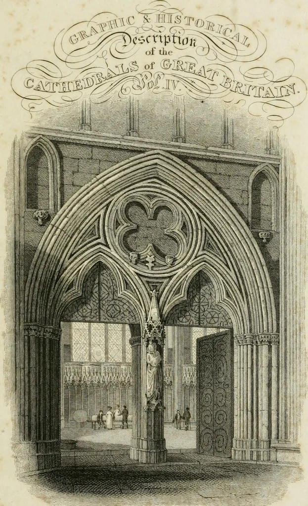 An illustration from History and antiquities of the cathedral churches of Great Britain : illustrated with a series of highly-finished engravings, exhibiting general and particular views, ground plans, and all the architectural features and ornaments in the various styles of building used in our ecclesiastical edifices, 1814, leaf 8