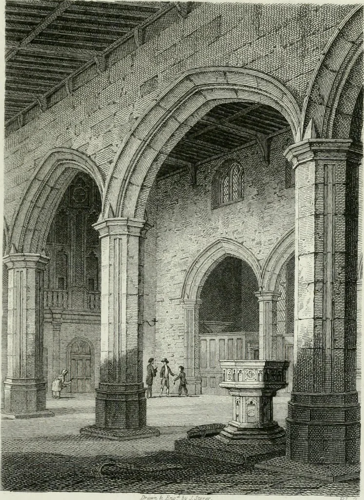An illustration from History and antiquities of the cathedral churches of Great Britain : illustrated with a series of highly-finished engravings, exhibiting general and particular views, ground plans, and all the architectural features and ornaments in the various styles of building used in our ecclesiastical edifices, 1814, leaf 98