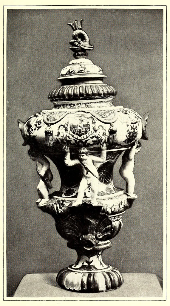 An illustration from A history and description of the old French faïence, with an account of the revival of faïence painting in France, by M. L. Solon; with a preface by William Burton. Containing twenty-four plates in colours, together with reproductions of marks and numerous illustrations, 1903, leaf 157