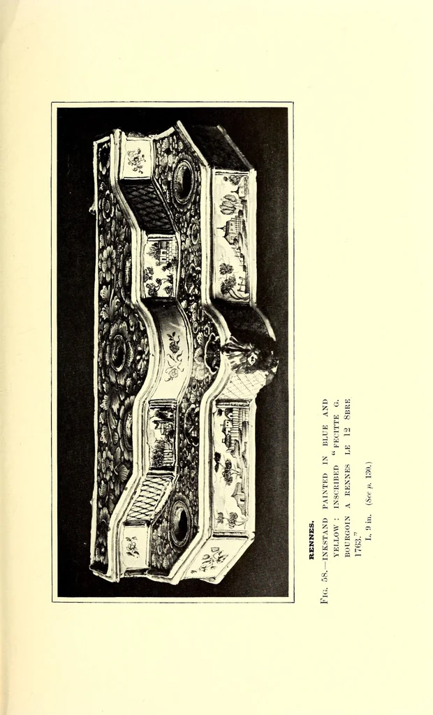 An illustration from A history and description of the old French faïence, with an account of the revival of faïence painting in France, by M. L. Solon; with a preface by William Burton. Containing twenty-four plates in colours, together with reproductions of marks and numerous illustrations, 1903, leaf 357