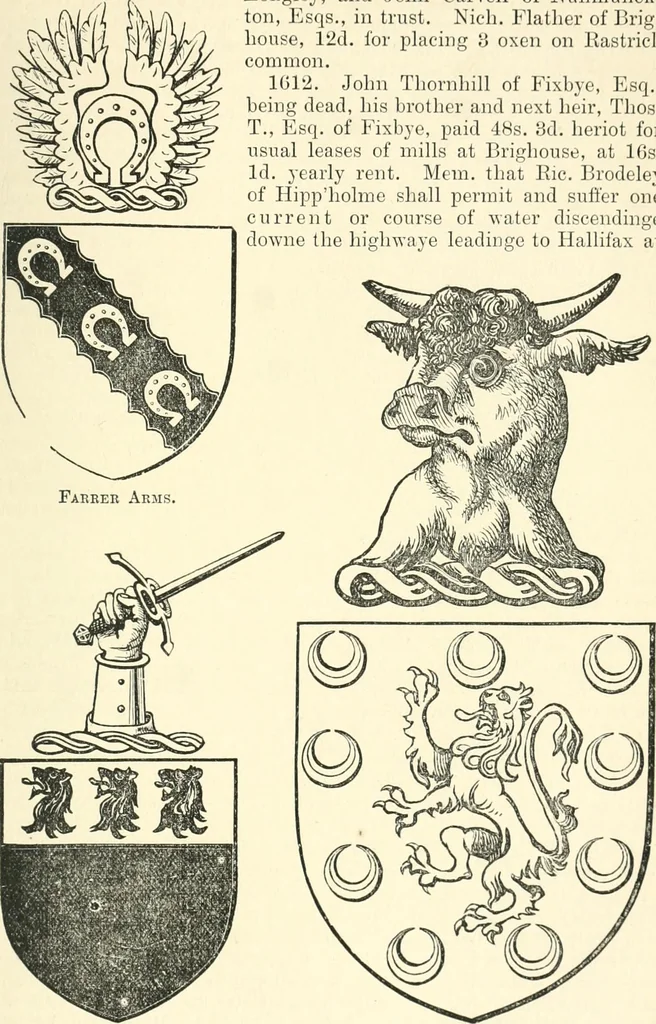 An illustration from The history of Brighouse, Rastrick, and Hipperholme; with monorial notes on Coley, Lightcliffe, Northowram, Shelf, Fixby, Clifton and Kirklees, 1893, leaf 174