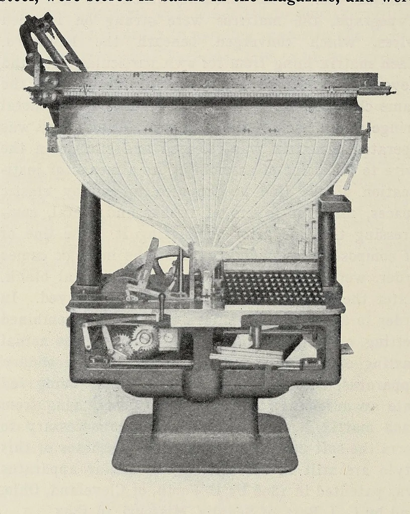 An illustration from History of composing machines; a complete record of the art of composing type by machinery ... also lists of patents on composing machines, American and British, chronologically arranged, 1904, leaf 108
