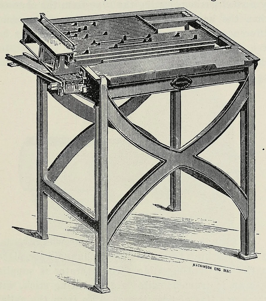 An illustration from History of composing machines; a complete record of the art of composing type by machinery ... also lists of patents on composing machines, American and British, chronologically arranged, 1904, leaf 35