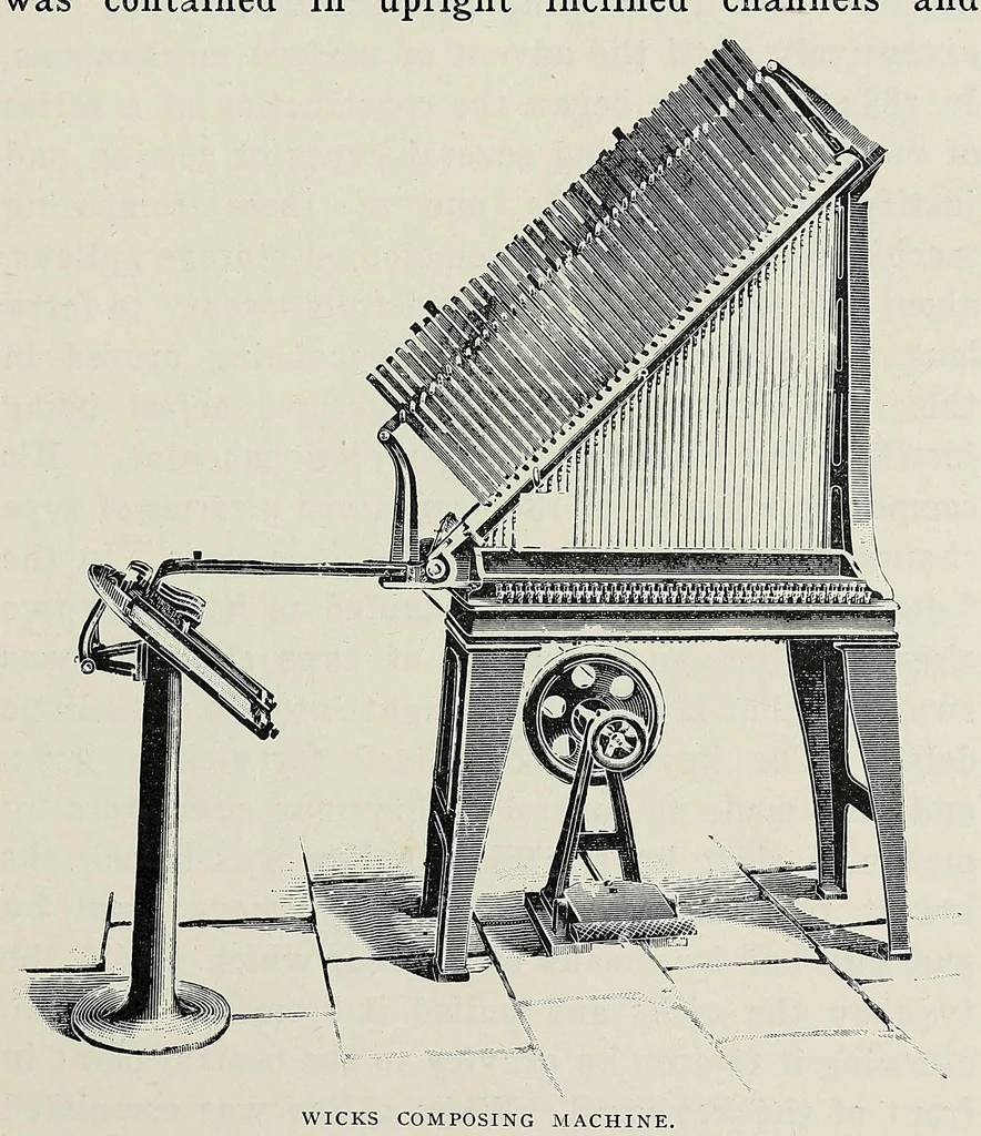 An illustration from History of composing machines; a complete record of the art of composing type by machinery ... also lists of patents on composing machines, American and British, chronologically arranged, 1904, leaf 49