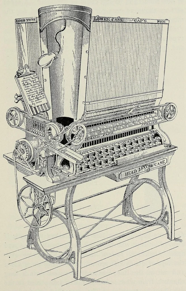 An illustration from History of composing machines; a complete record of the art of composing type by machinery ... also lists of patents on composing machines, American and British, chronologically arranged, 1904, leaf 57
