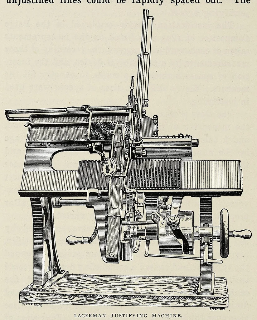 An illustration from History of composing machines; a complete record of the art of composing type by machinery ... also lists of patents on composing machines, American and British, chronologically arranged, 1904, leaf 82