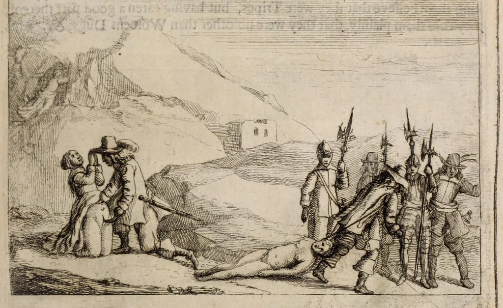 An illustration from The history of the Evangelical churches of the valleys of Piemont : containing a most exact geographical description of the place, and a faithfull account of the doctrine, life, and persecutions of the ancient inhabitants ; Together, with a most naked and punctual relation of the late bloudy massacre, 1655 ; And a narrative of all the following transactions, to the year of Our Lord, 1658 .., 1658, leaf 423