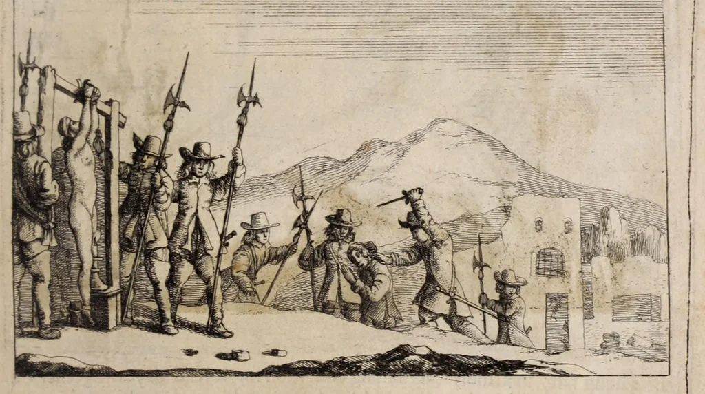 An illustration from The history of the Evangelical churches of the valleys of Piemont : containing a most exact geographical description of the place, and a faithfull account of the doctrine, life, and persecutions of the ancient inhabitants ; Together, with a most naked and punctual relation of the late bloudy massacre, 1655 ; And a narrative of all the following transactions, to the year of Our Lord, 1658 .., 1658, leaf 425