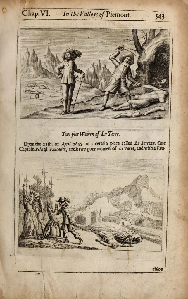An illustration from The history of the Evangelical churches of the valleys of Piemont : containing a most exact geographical description of the place, and a faithfull account of the doctrine, life, and persecutions of the ancient inhabitants ; Together, with a most naked and punctual relation of the late bloudy massacre, 1655 ; And a narrative of all the following transactions, to the year of Our Lord, 1658 .., 1658, leaf 427