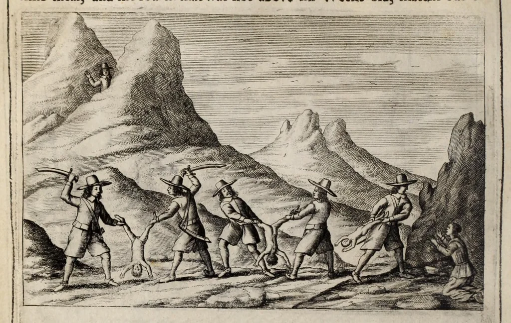 An illustration from The history of the Evangelical churches of the valleys of Piemont : containing a most exact geographical description of the place, and a faithfull account of the doctrine, life, and persecutions of the ancient inhabitants ; Together, with a most naked and punctual relation of the late bloudy massacre, 1655 ; And a narrative of all the following transactions, to the year of Our Lord, 1658 .., 1658, leaf 430