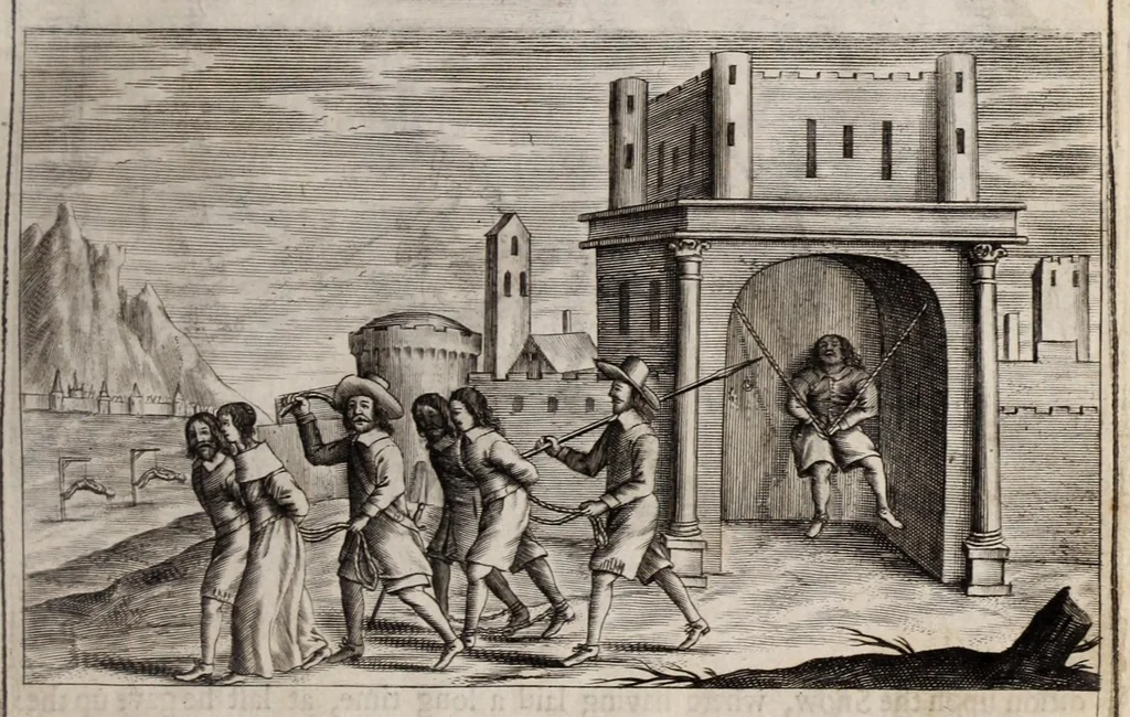 An illustration from The history of the Evangelical churches of the valleys of Piemont : containing a most exact geographical description of the place, and a faithfull account of the doctrine, life, and persecutions of the ancient inhabitants ; Together, with a most naked and punctual relation of the late bloudy massacre, 1655 ; And a narrative of all the following transactions, to the year of Our Lord, 1658 .., 1658, leaf 435
