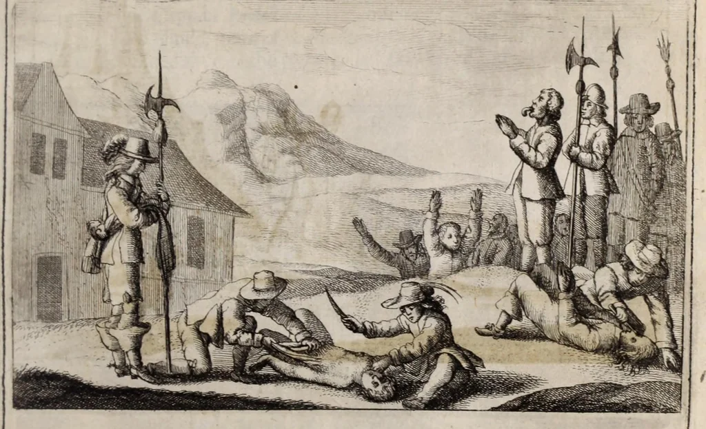 An illustration from The history of the Evangelical churches of the valleys of Piemont : containing a most exact geographical description of the place, and a faithfull account of the doctrine, life, and persecutions of the ancient inhabitants ; Together, with a most naked and punctual relation of the late bloudy massacre, 1655 ; And a narrative of all the following transactions, to the year of Our Lord, 1658 .., 1658, leaf 439