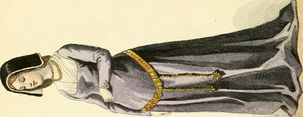 An illustration from The history of fashion in France, or, The dress of women from the Gallo-Roman period to the present time, 1882, leaf 77