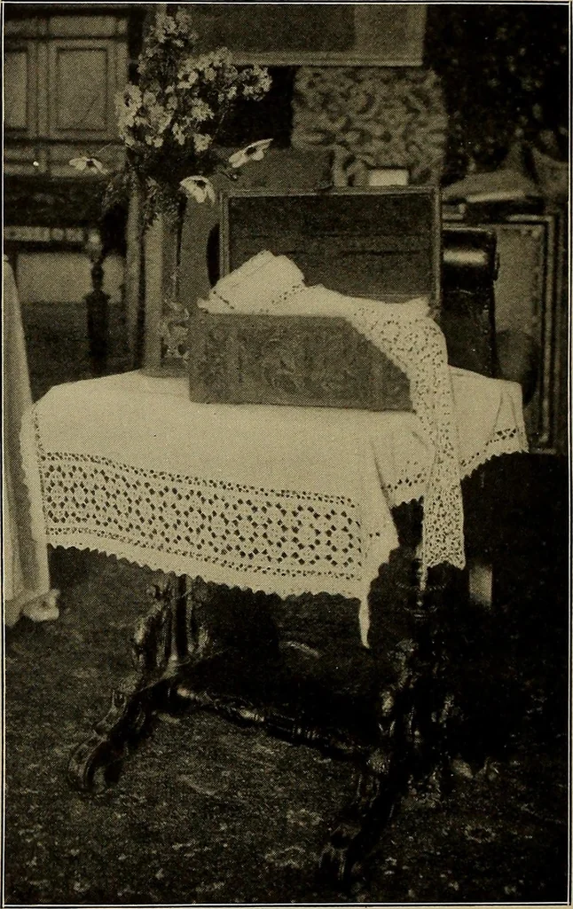 An illustration from A history of hand-made lace : Dealing with the origin of lace, the growth of the great lace centres, the mode of manufacture, the methods of distinguishing and the care of various kinds of lace ..., 1900, leaf 131