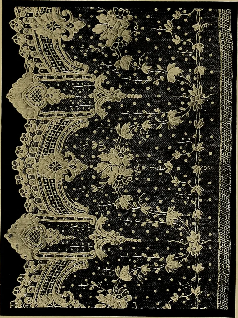 An illustration from A history of hand-made lace : Dealing with the origin of lace, the growth of the great lace centres, the mode of manufacture, the methods of distinguishing and the care of various kinds of lace ..., 1900, leaf 150