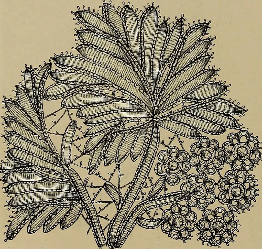 An illustration from A history of hand-made lace : Dealing with the origin of lace, the growth of the great lace centres, the mode of manufacture, the methods of distinguishing and the care of various kinds of lace ..., 1900, leaf 169