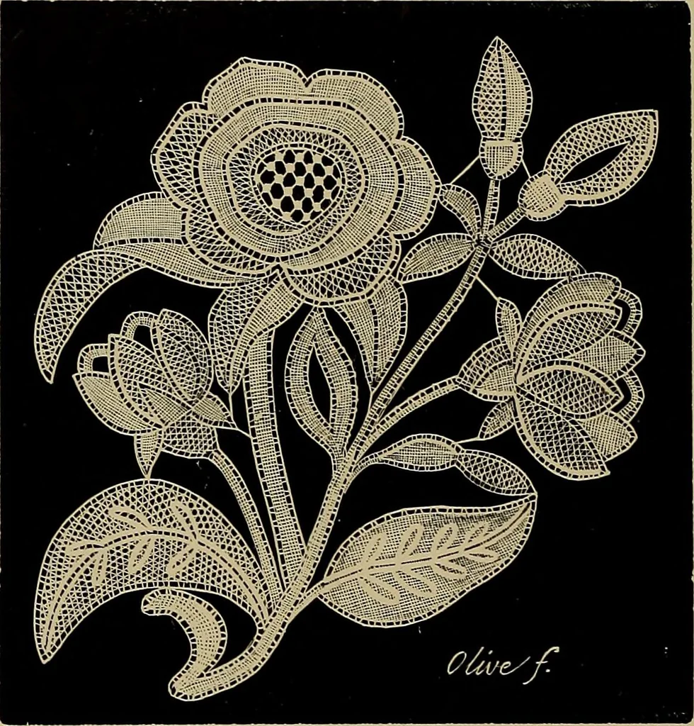 An illustration from A history of hand-made lace : Dealing with the origin of lace, the growth of the great lace centres, the mode of manufacture, the methods of distinguishing and the care of various kinds of lace ..., 1900, leaf 195