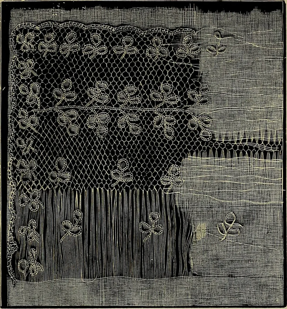 An illustration from A history of hand-made lace : Dealing with the origin of lace, the growth of the great lace centres, the mode of manufacture, the methods of distinguishing and the care of various kinds of lace ..., 1900, leaf 196