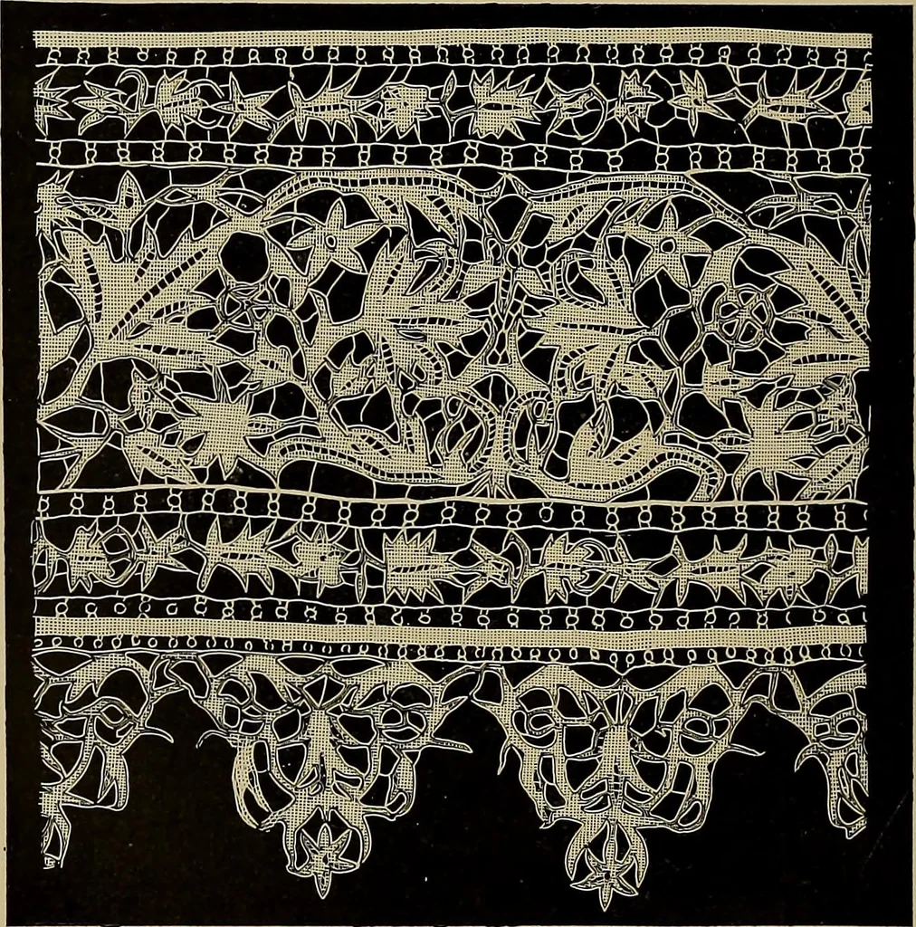 An illustration from A history of hand-made lace : Dealing with the origin of lace, the growth of the great lace centres, the mode of manufacture, the methods of distinguishing and the care of various kinds of lace ..., 1900, leaf 211