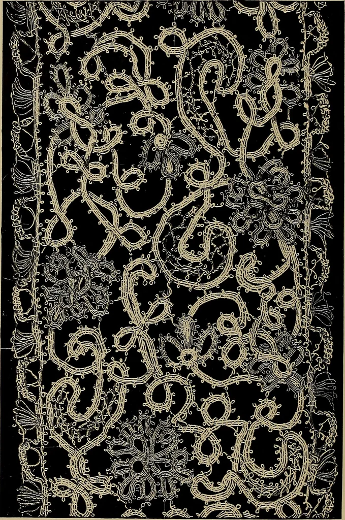An illustration from A history of hand-made lace : Dealing with the origin of lace, the growth of the great lace centres, the mode of manufacture, the methods of distinguishing and the care of various kinds of lace ..., 1900, leaf 213
