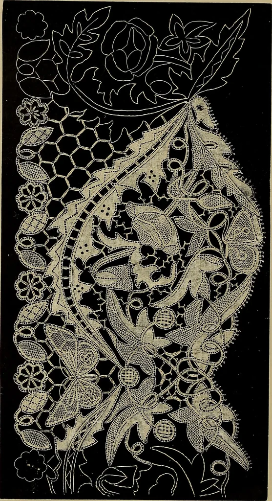 An illustration from A history of hand-made lace : Dealing with the origin of lace, the growth of the great lace centres, the mode of manufacture, the methods of distinguishing and the care of various kinds of lace ..., 1900, leaf 217