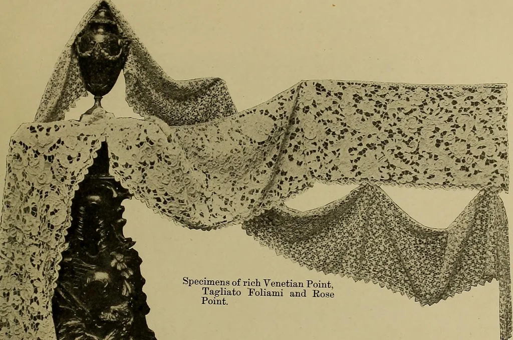 An illustration from A history of hand-made lace : Dealing with the origin of lace, the growth of the great lace centres, the mode of manufacture, the methods of distinguishing and the care of various kinds of lace ..., 1900, leaf 44