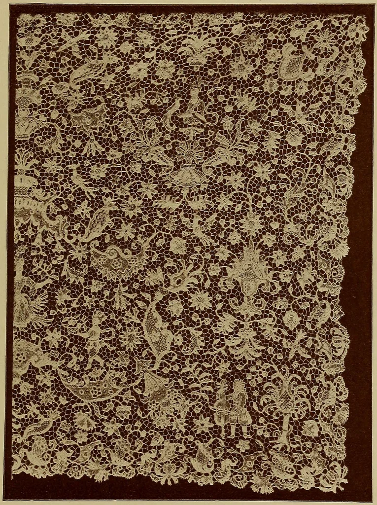 An illustration from A history of hand-made lace : Dealing with the origin of lace, the growth of the great lace centres, the mode of manufacture, the methods of distinguishing and the care of various kinds of lace ..., 1900, leaf 54