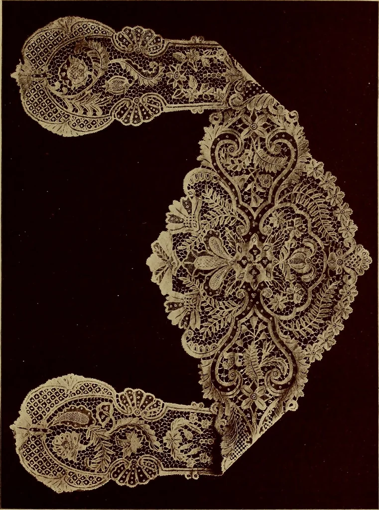 An illustration from A history of hand-made lace : Dealing with the origin of lace, the growth of the great lace centres, the mode of manufacture, the methods of distinguishing and the care of various kinds of lace ..., 1900, leaf 82