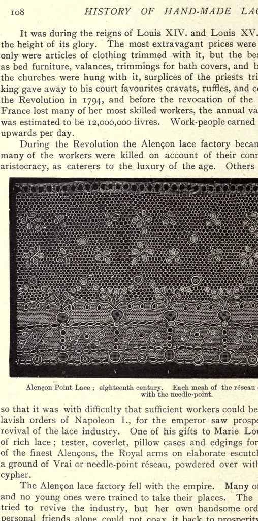 An illustration from A history of hand-made lace. Dealing with the origin of lace, the growth of the great lace centres, the mode of manufactures, the methods of distiuguishing and the care of various kinds of lace, 1900, leaf 148