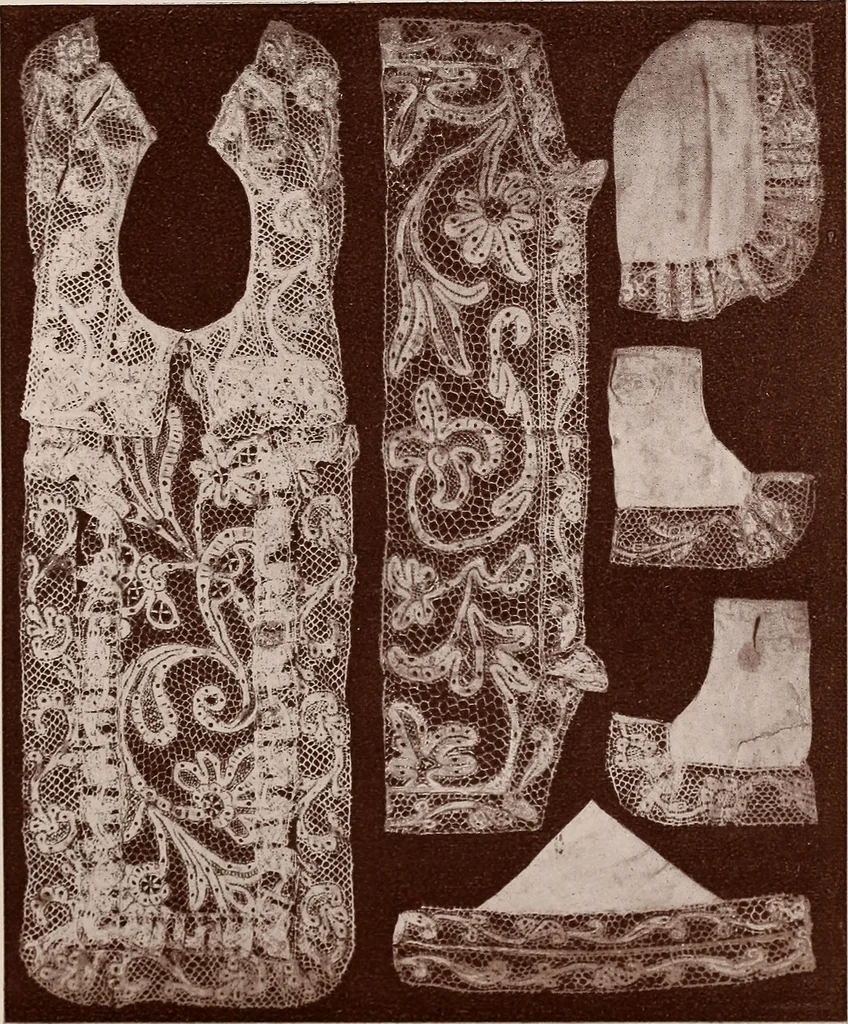An illustration from A history of hand-made lace : dealing with the origin of lace, the growth of the great lace centres, the mode of manufacture, the methods of distinguishing and the care of various kinds of lace, 1900, leaf 120