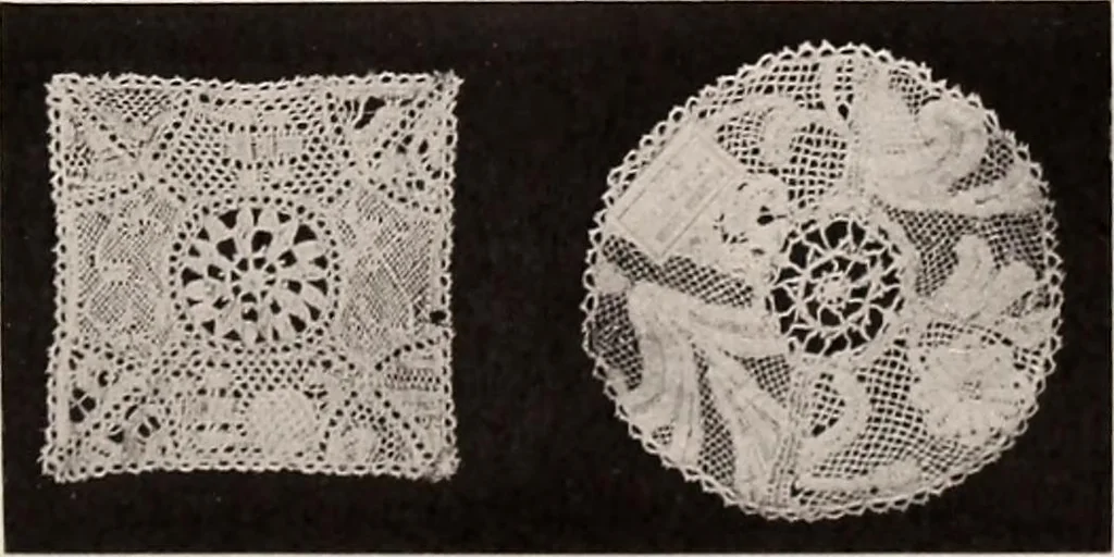 An illustration from A history of hand-made lace : dealing with the origin of lace, the growth of the great lace centres, the mode of manufacture, the methods of distinguishing and the care of various kinds of lace, 1900, leaf 122
