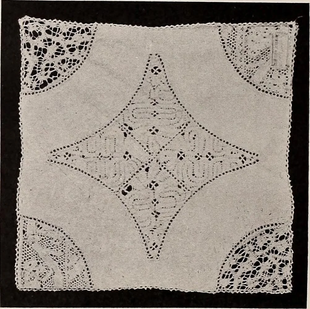 An illustration from A history of hand-made lace : dealing with the origin of lace, the growth of the great lace centres, the mode of manufacture, the methods of distinguishing and the care of various kinds of lace, 1900, leaf 123