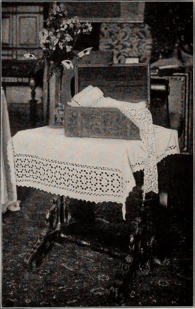 An illustration from A history of hand-made lace : dealing with the origin of lace, the growth of the great lace centres, the mode of manufacture, the methods of distinguishing and the care of various kinds of lace, 1900, leaf 131