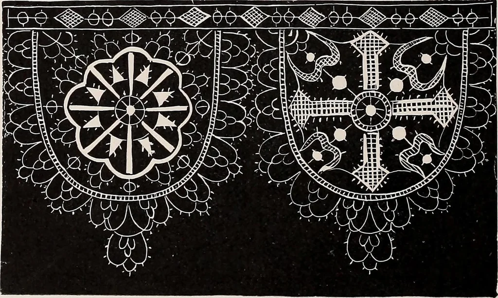 An illustration from A history of hand-made lace : dealing with the origin of lace, the growth of the great lace centres, the mode of manufacture, the methods of distinguishing and the care of various kinds of lace, 1900, leaf 133
